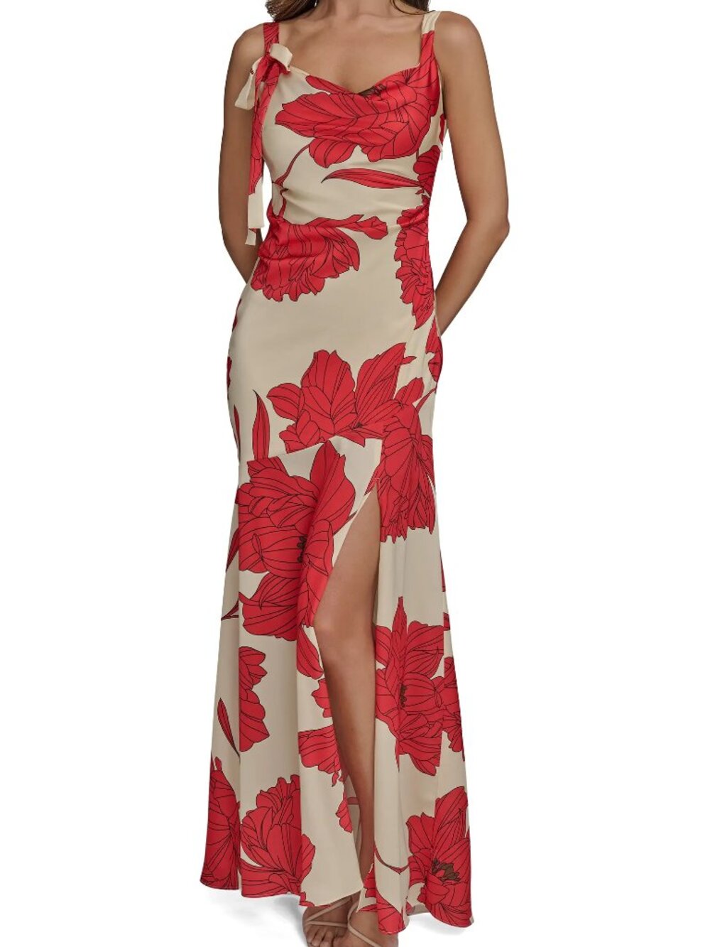 Donna Karan Floral Satin Hi-Low Draped Cowl Neck Ball Gown Evening Wedding Guest